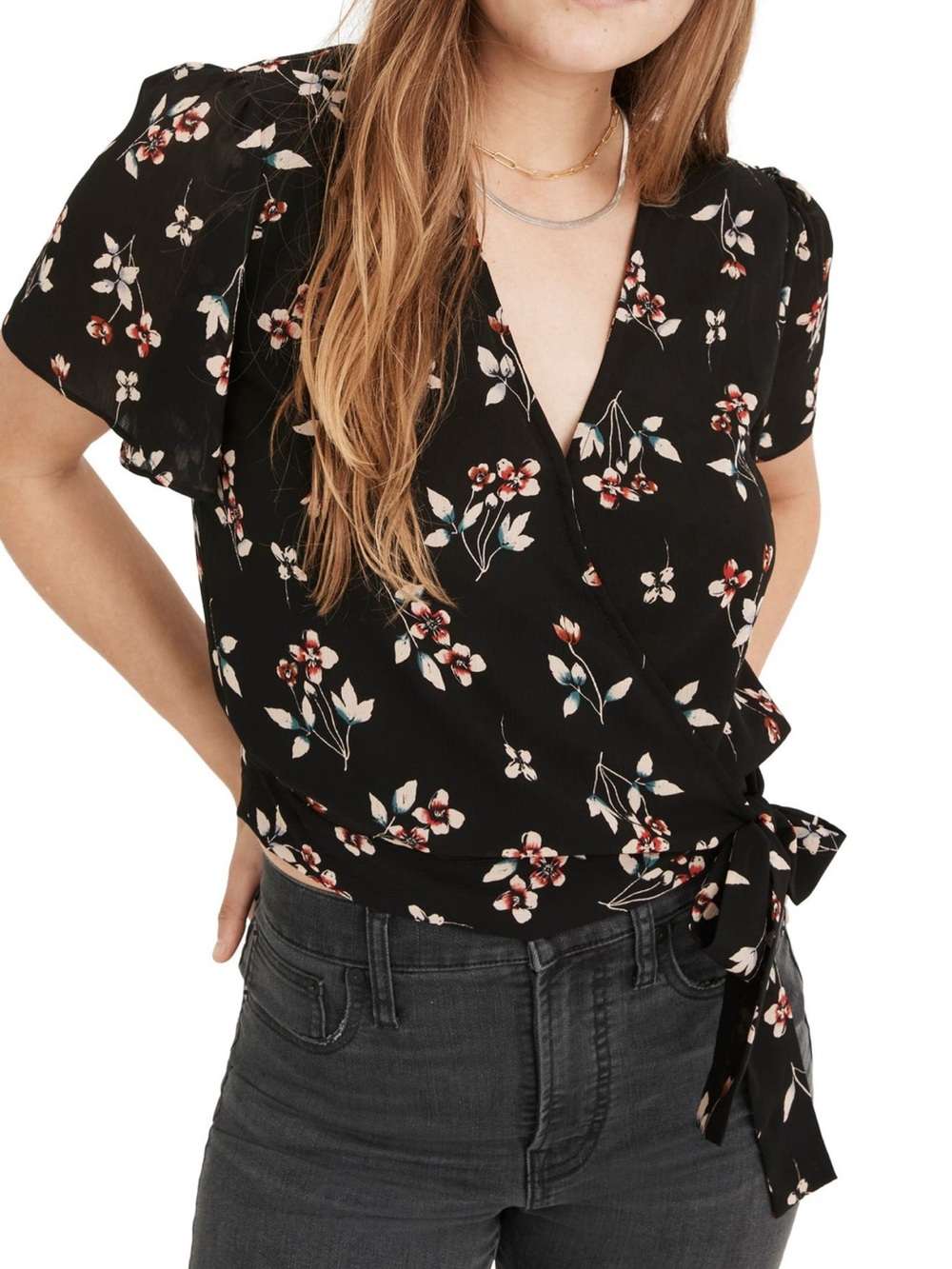 Madewell Botanical Print Wrap Top Blouse in True Black Size S EUC